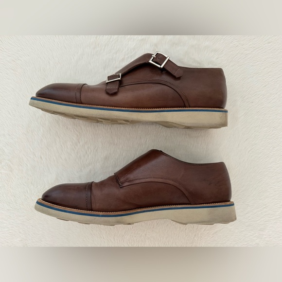 Francesco Benigno Italian Brown Leather Double Monk Buckle Strap Loafer Shoe - Picture 3 of 9